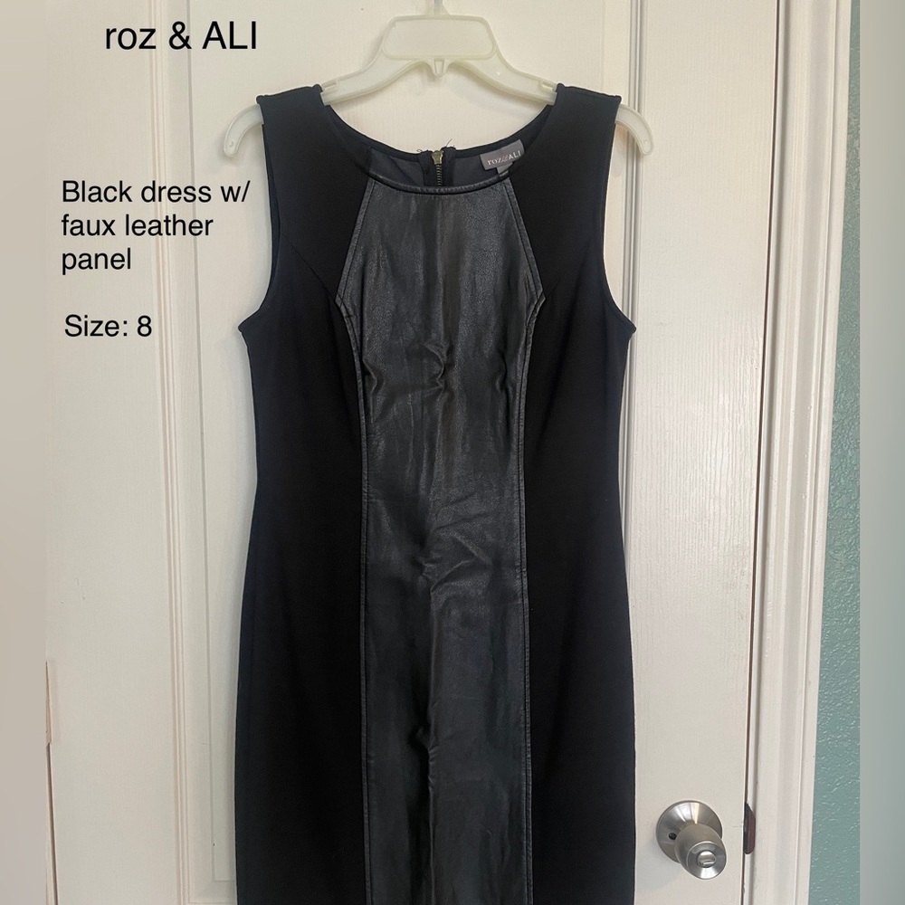 Sleeves Black Dress with Leather Panel, Size 8